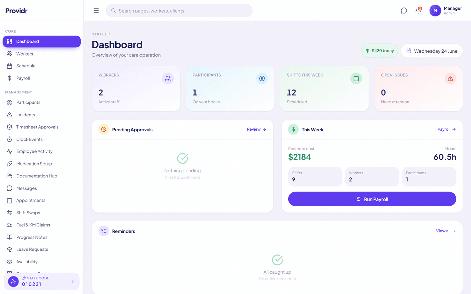 Providr admin dashboard