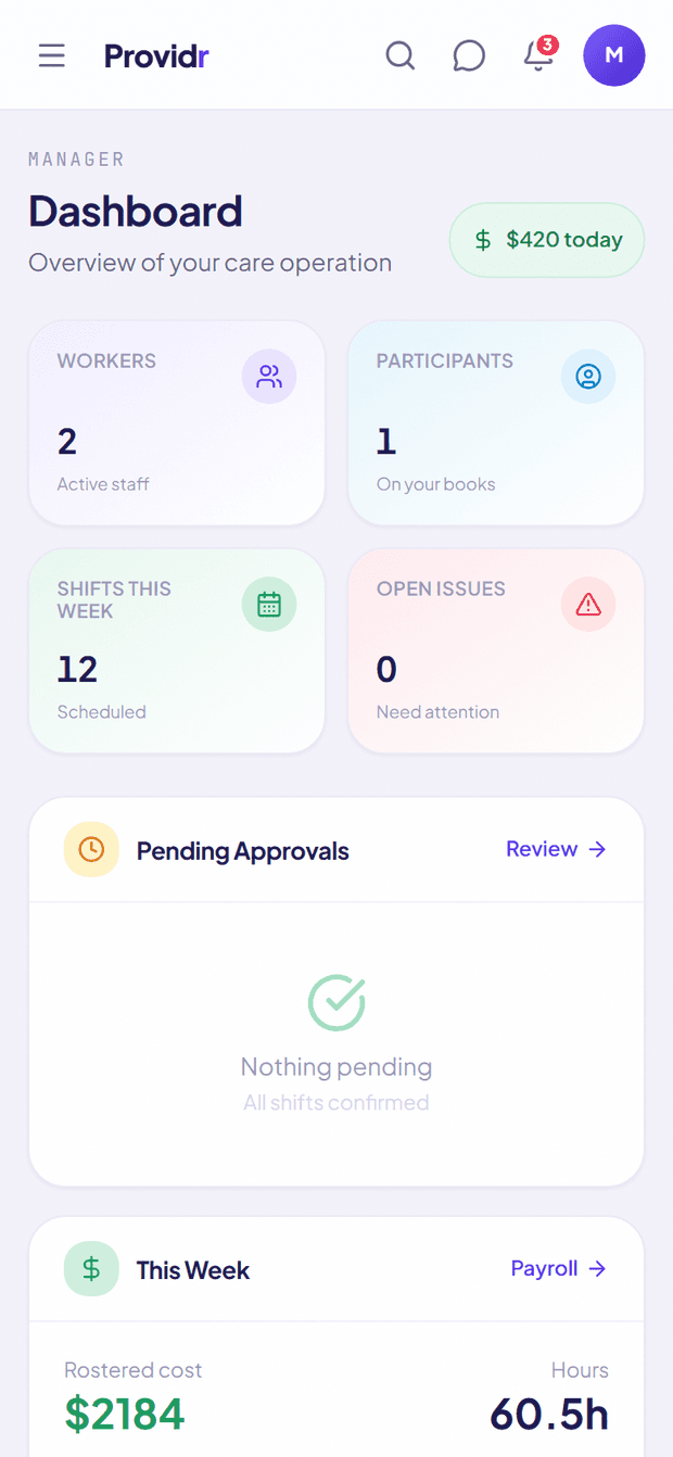 Providr manager dashboard on mobile